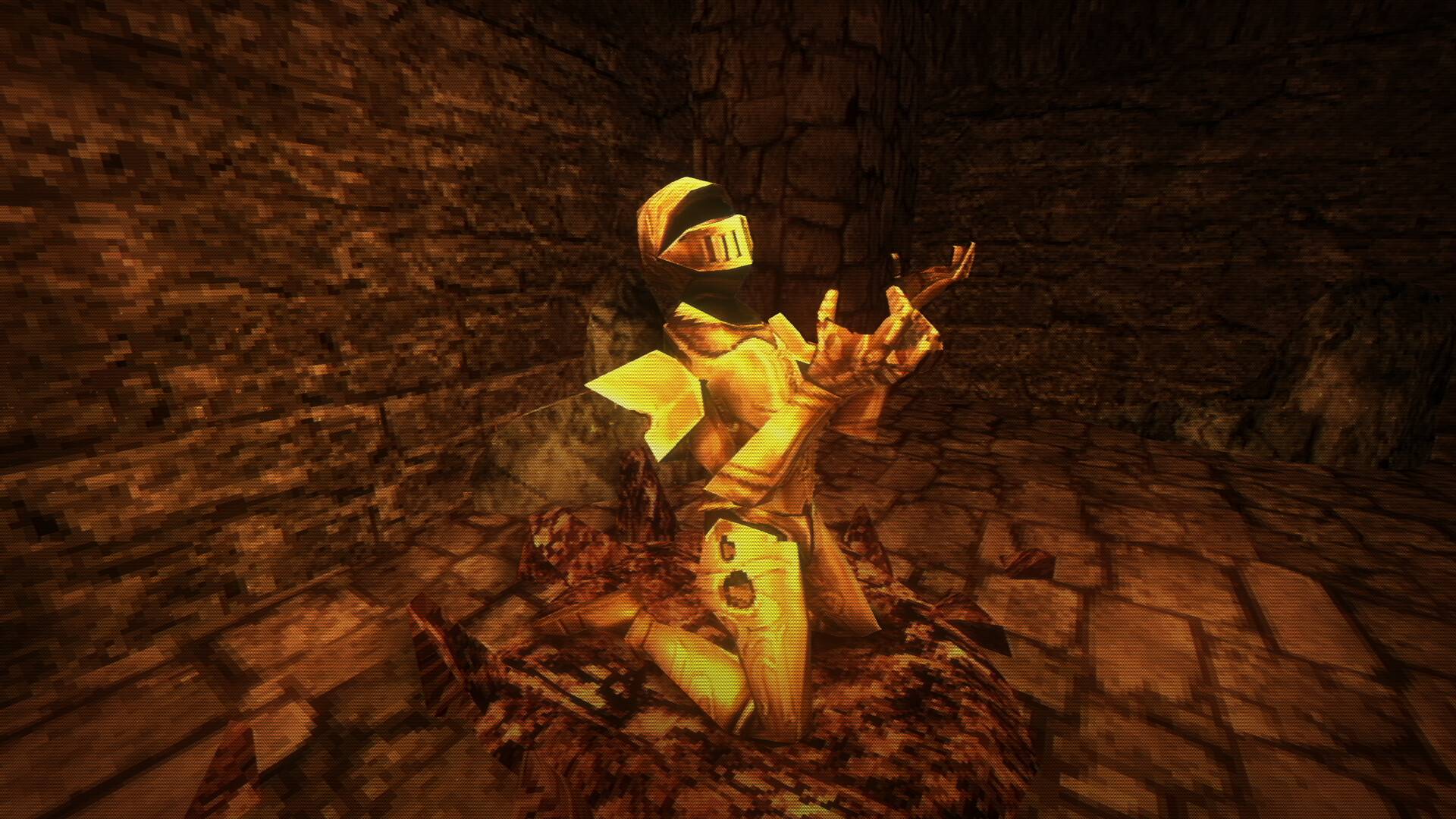 A hollow suit of armour kneels on the ground, clawed hands turned toward the sky.