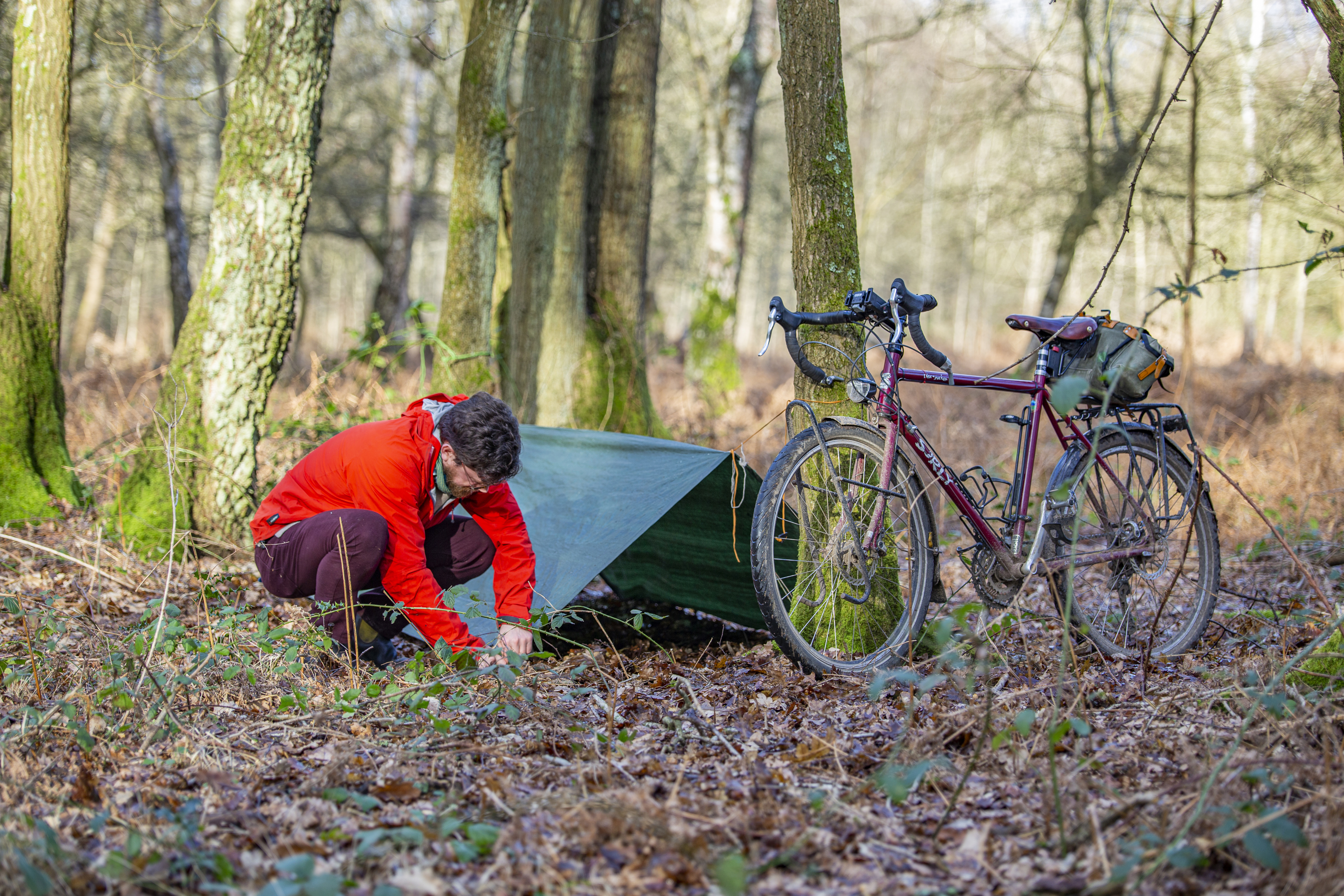 Setting up camp when bikepacking