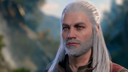 Baldur's Gate 3 player character made to resemble Geralt of Rivia from The Witcher.