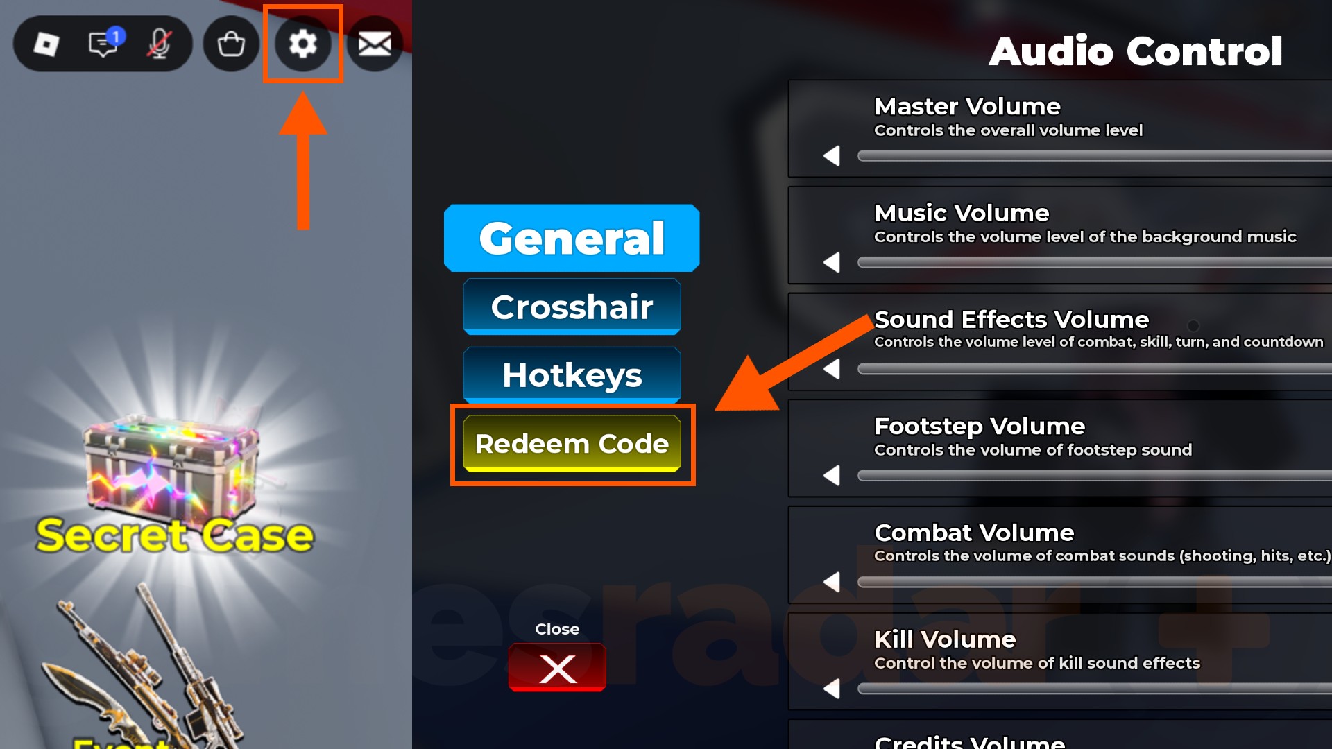 Orange arrows point to the buttons you need to press to redeem Sniper Arena codes.