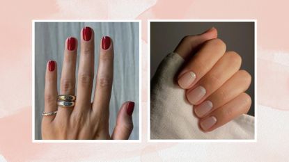 Two hands pictured with 2024 nail trends: on the left is a hand with gold and silver rings and a bright red nail look and on the right, a hand with a glossy, natural-looking manicure created by nail artist @matejanova/Mateja Novakovic/ in a pink/peach watercolour template