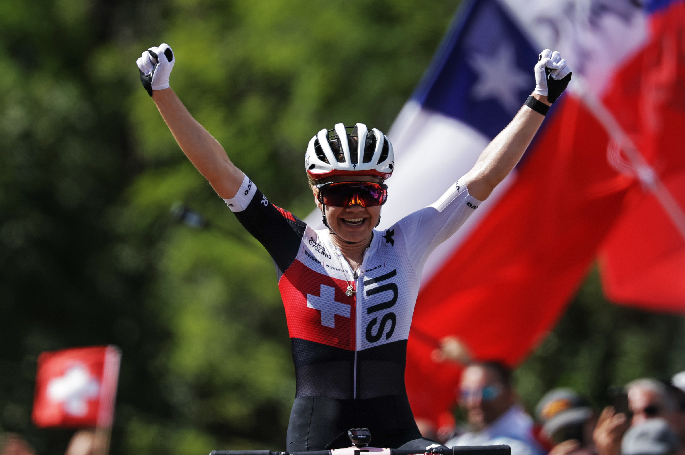 Picture by Alex Whitehead/SWpix.com - 30/08/2026 - Cycling - 2026 UCI Mountain Bike World Championships - Val di Sole, Trentino, Italy - Cross-country Olympic (XCO) - Women Elite - Sina Frei (Switzerland) wins to become World Champion