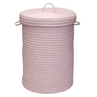 A pink laundry hamper
