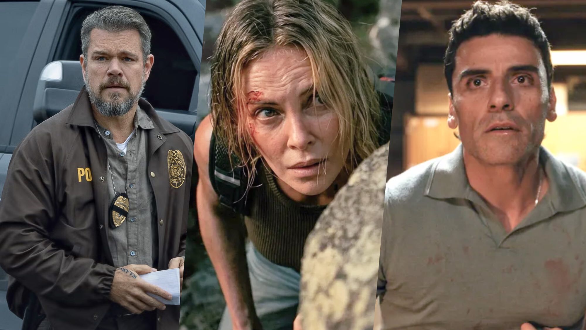 Matt Damon in 'The Rip,' Charlize Theron in 'Apex' and Oscar Isacc in 'Beef' season 2 on Netflix