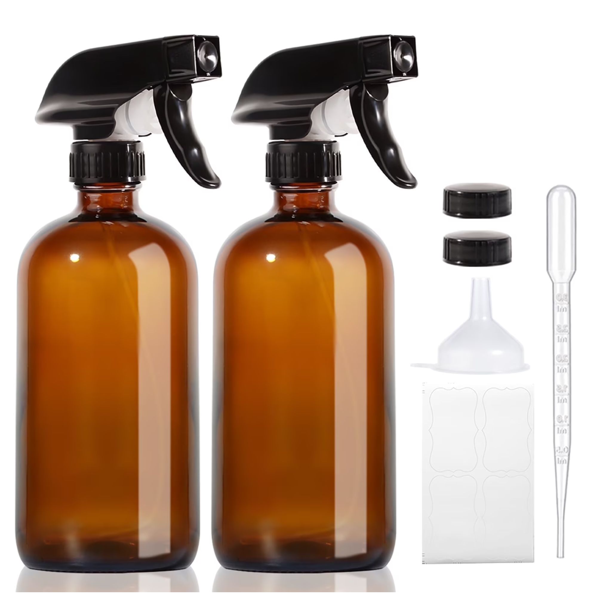 Side-on view of two amber spray bottles.