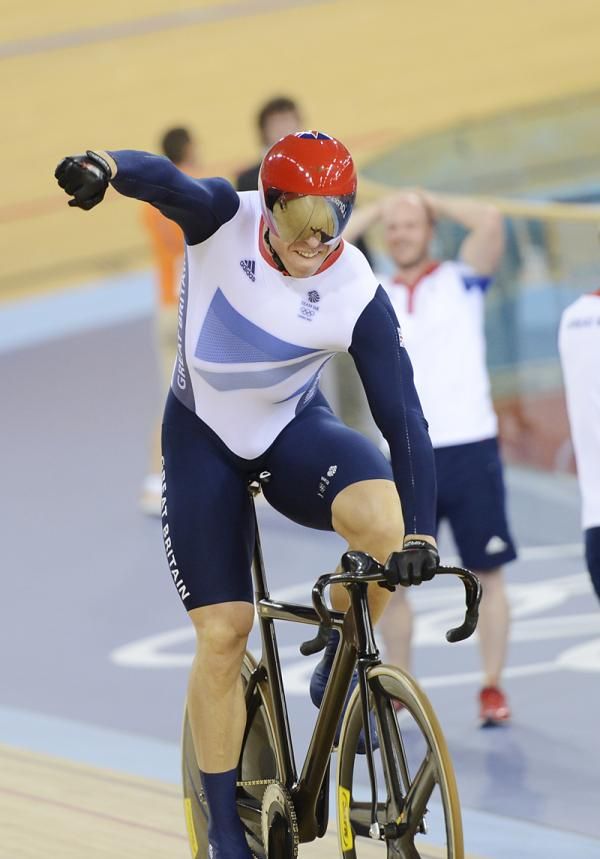 Chris Hoy (Great Britain) celebrates keirin victory