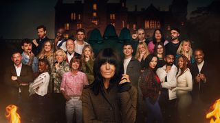 Claudia Winkleman stood in front of a composite image of The Traitors season 2 lineup