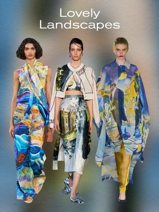 spring print trend: landscape motif, models wearing paint-inspired prints in spring/summer 2024 collections