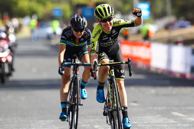 Amanda Spratt celebrates her second place and a Mitchelton-Scott one-two at the 2019 Women's Herald Sun Tour