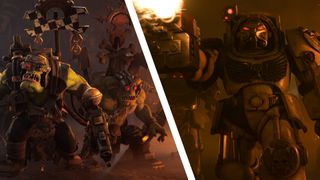 A two-way split graphic of unit artwork from Warhammer 40,000: Dawn of War 4