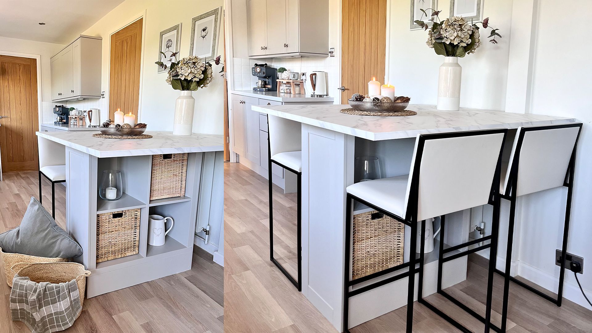 IKEA Kallax hack kitchen island with monochrome bar stools in modern kitchen