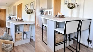 IKEA Kallax hack kitchen island with monochrome bar stools in modern kitchen