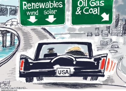 Political cartoon U.S. Trump Harvey climate change oil coal