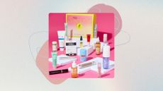 Boots Make More Room For Beauty Box with its contents in front of it, on a pastel watercolour background with pink and blue graphics