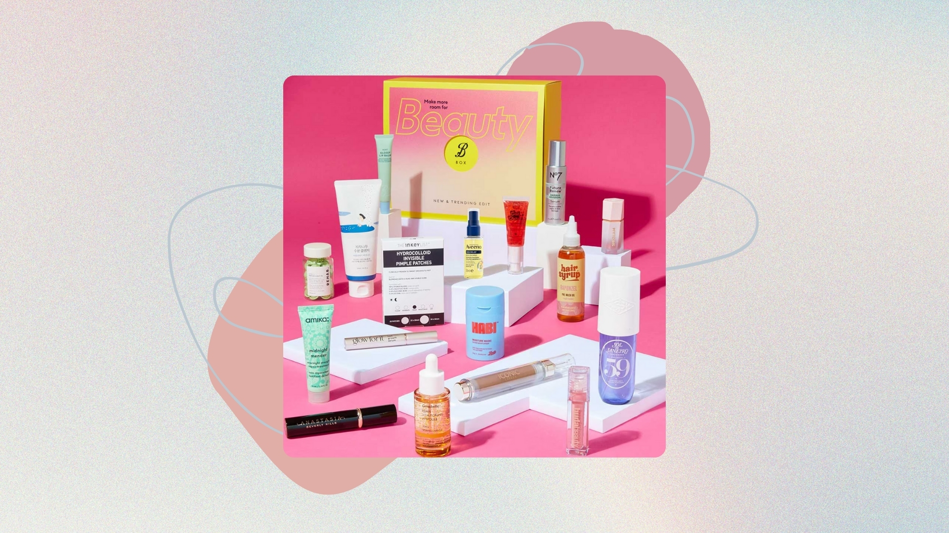 Boots Make More Room For Beauty Box with its contents in front of it, on a pastel watercolour background with pink and blue graphics