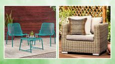 Wayfair patio furniture, including a modern blue table and chair set and a wicker chair with a white cushion and boho pillow