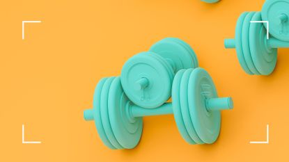 3D computerised illustration of turquoise dumbbells on plain orange yellow background to represent the benefits of circuit training