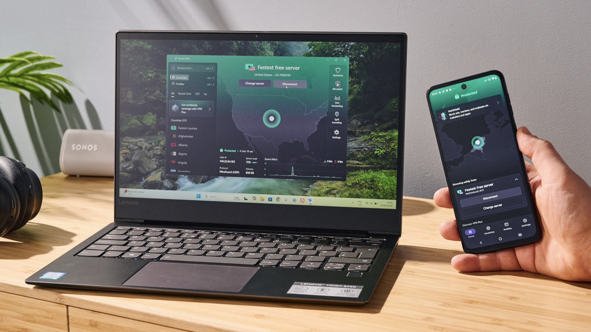 Proton VPN running on a laptop and mobile phone.