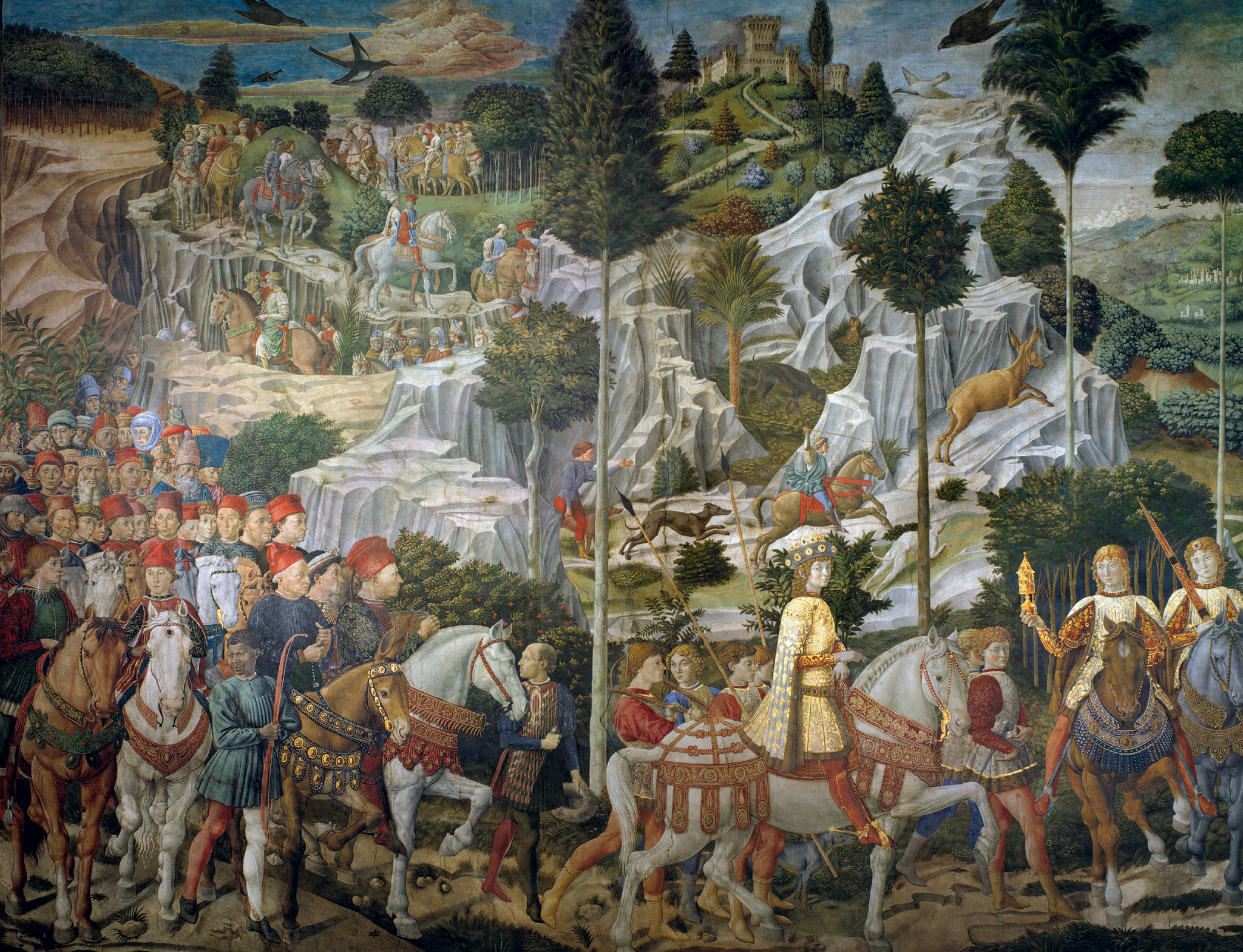 The Procession of the Magi, 1459–61, by Benozzo Gozzoli (about 1420–97), fresco, private chapel in the Palazzo Medici Riccardi, Florence, Italy.