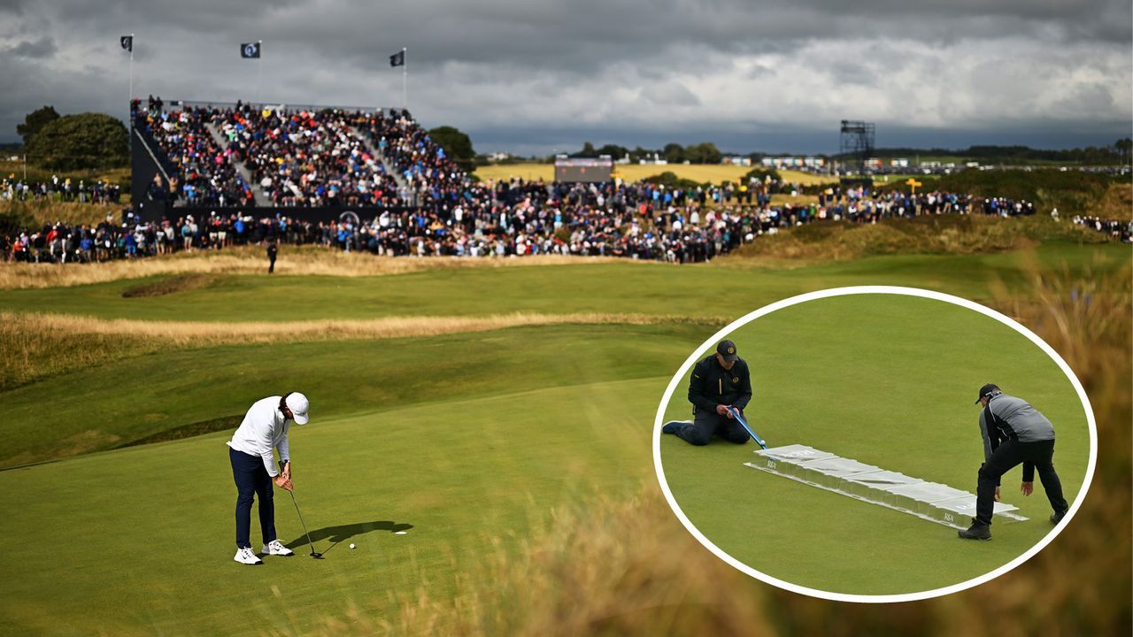 Main image of Tommy Fleetwood putting at Royal Troon in 2024 - inset image of Royal Troon ground staff measuring green speed using unique R&amp;A tunnel