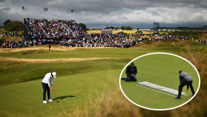 Main image of Tommy Fleetwood putting at Royal Troon in 2024 - inset image of Royal Troon ground staff measuring green speed using unique R&amp;A tunnel