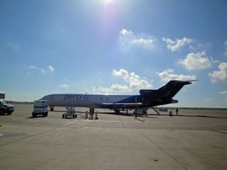 G-Force One, a Zero Gravity Corporation jet for weightless flights, sits at Ellington Field in Houston awaiting a NASA microgravity flight on July 18, 2013.