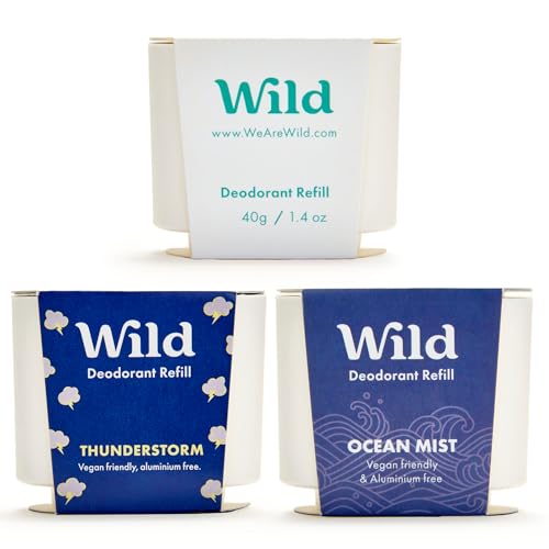 Wild - Natural Refillable Deodorant Variety Pack With Clean Fresh Scents - Aluminium Free - Scents Include Fresh Cotton &amp;amp; Sea Salt, Ocean Mist &amp;amp; Thunderstorm - Long Lasting Protection