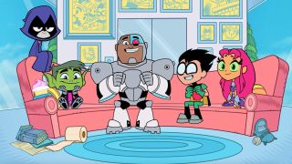 Teen Titans Go's versions of Robin, Raven, Starfire, Beast Boy and Cyborg looking excited
