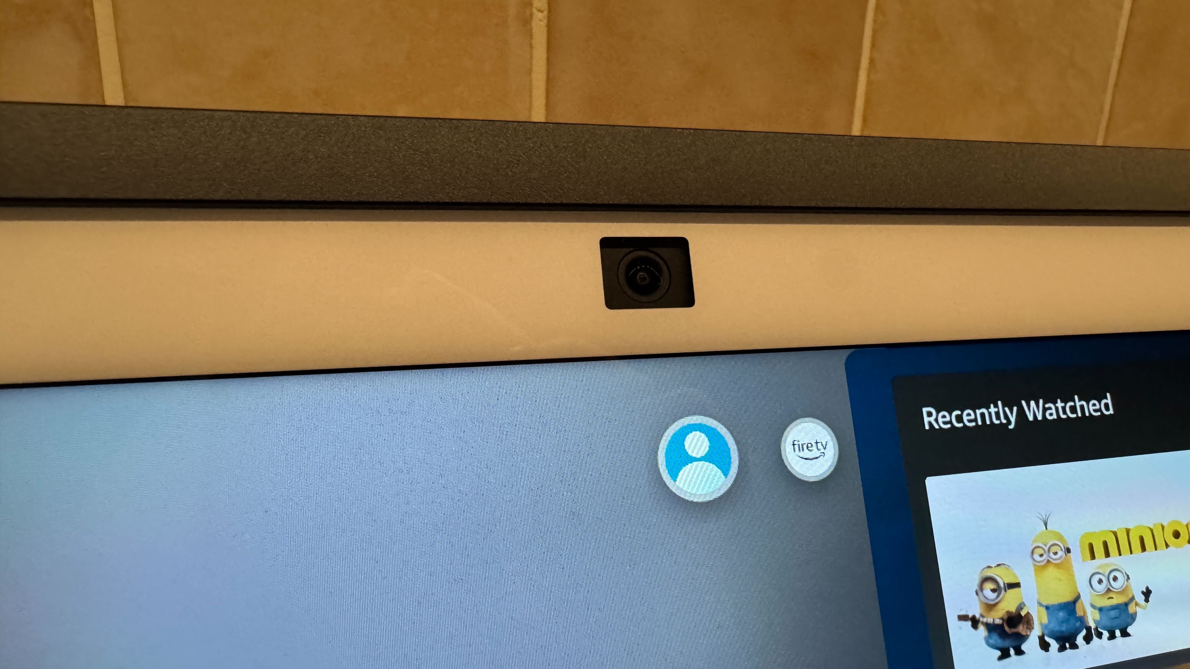 Amazon Echo Show on a counter, with focus on its front-facing camera.