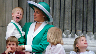 Prince Harry Sticking His Tongue Out Much To The Suprise Of His Mother, Princess Diana At Trooping The Colour With Prince William, Lady Gabriella Windsor And Lady Rose Windsor Watching From The Balcony Of Buckingham Palace in 1988