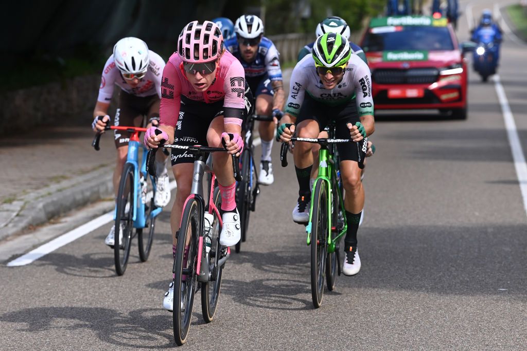 BEJES SPAIN SEPTEMBER 12 LR Julius Van Den Berg of The Netherlands and Team EF EducationEasyPost and Joel Nicolau of Spain and Team Caja Rural Seguros RGA compete in the breakaway during the 78th Tour of Spain 2023 Stage 16 a 1201km stage from Liencres to Bejes 528m UCIWT on September 12 2023 in Bejes Spain Photo by Tim de WaeleGetty Images