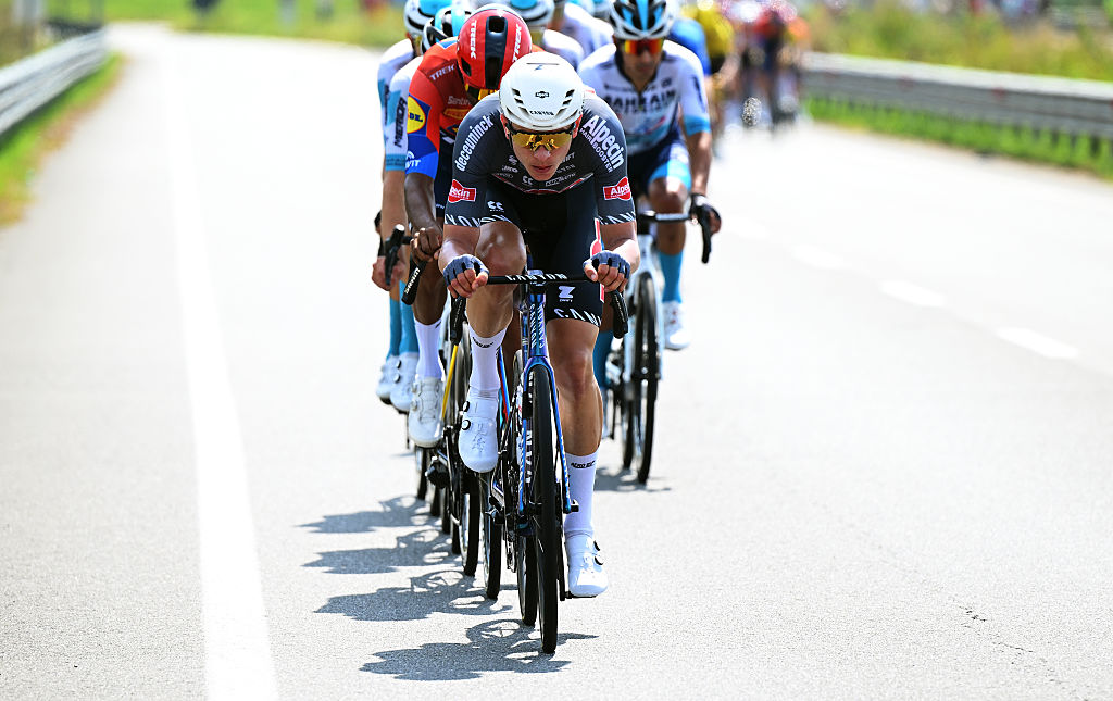NOVARA, ITALY - AUGUST 23: Tobias Bayer of Austria and Team Alpecin - Deceuninck leads the peloton during the La Vuelta - 80th Tour of Spain 2025, Stage 1 a 186.7km stage from Torino-Reggia di Venaria to Novara / #UCIWT / on August 23, 2025 in Novara, Italy. (Photo by Dario Belingheri/Getty Images)