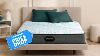 The image shows the Beautyrest PressureSmart mattress on a wooden bed frame with a Tom's Guide 'Price Drop badge overlaid