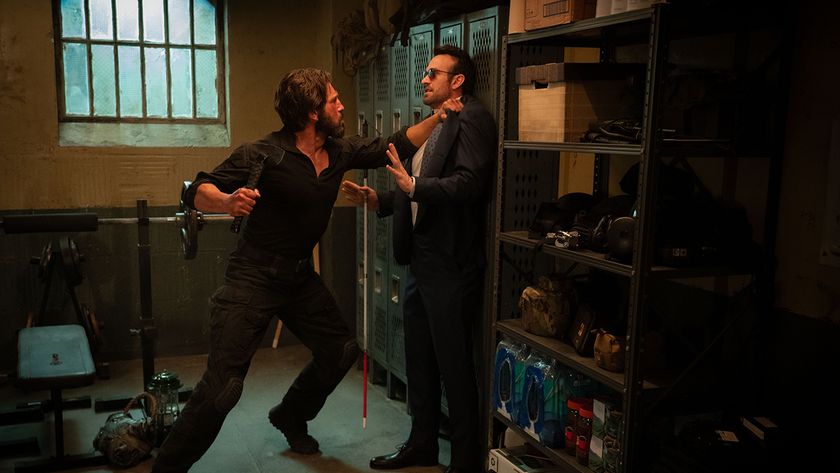 Frank Castle holding Matt Murdock against a locker in Daredevil: Born Again episode 4