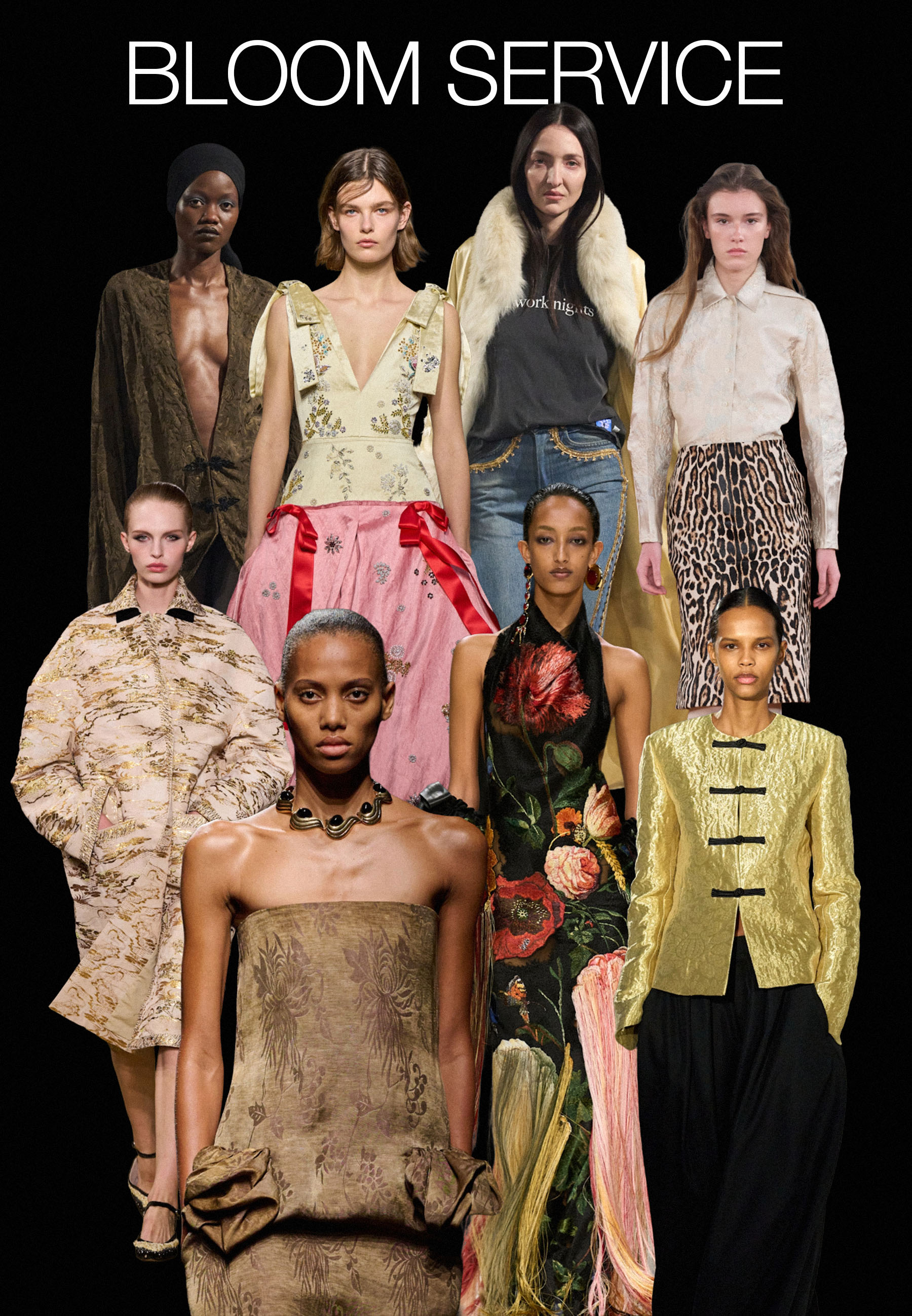 Collage of models on the autumn/winter 2026 runways at Tory Burch, Erdem, Fendi, Givenchy, Ferragamo, Conner Ives wearing chinoiserie florals.