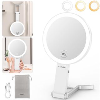 Alovely Travel Makeup Mirror With Lights, Portable Mirror 2-Sided 10x /1x Magnifying Mirror With Light, Travel Mirror With Lights and Magnification, 3 Color Lighting, Dimmable Touch Screen Handhold