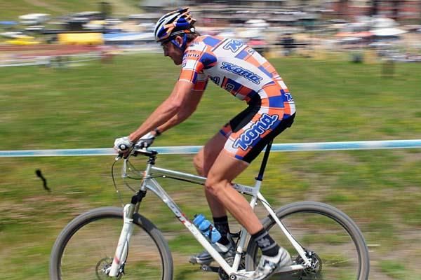 Ryan Trebon (Kona) streaks down to the start/finish area.
