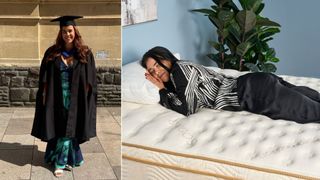 A woman wearing graduate cap and gown (left). A woman asleep on Saatva mattress in sleep studio next to green plant (right).