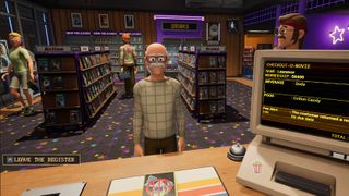 A 1990s video rental store with someone waiting at the counter