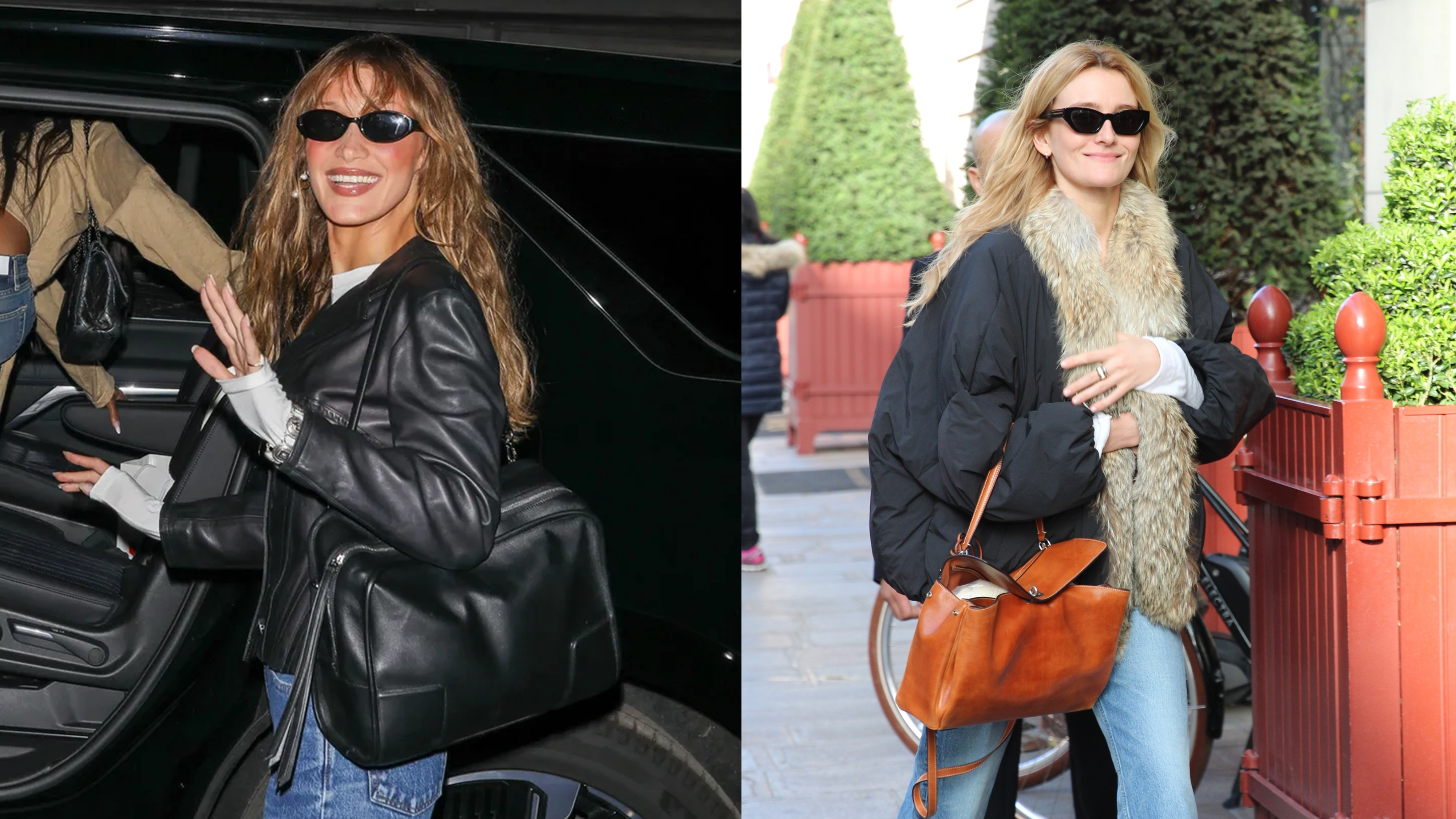 two images side by side of Bella Hadid carrying a Loewe Amazona 180 Bag and Sarah Pidgeon carrying a Balenciaga Rodeo Bag