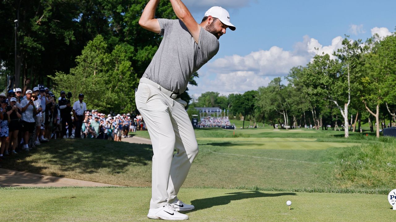 Scottie Scheffler takes a tee shot at the PGA Championship