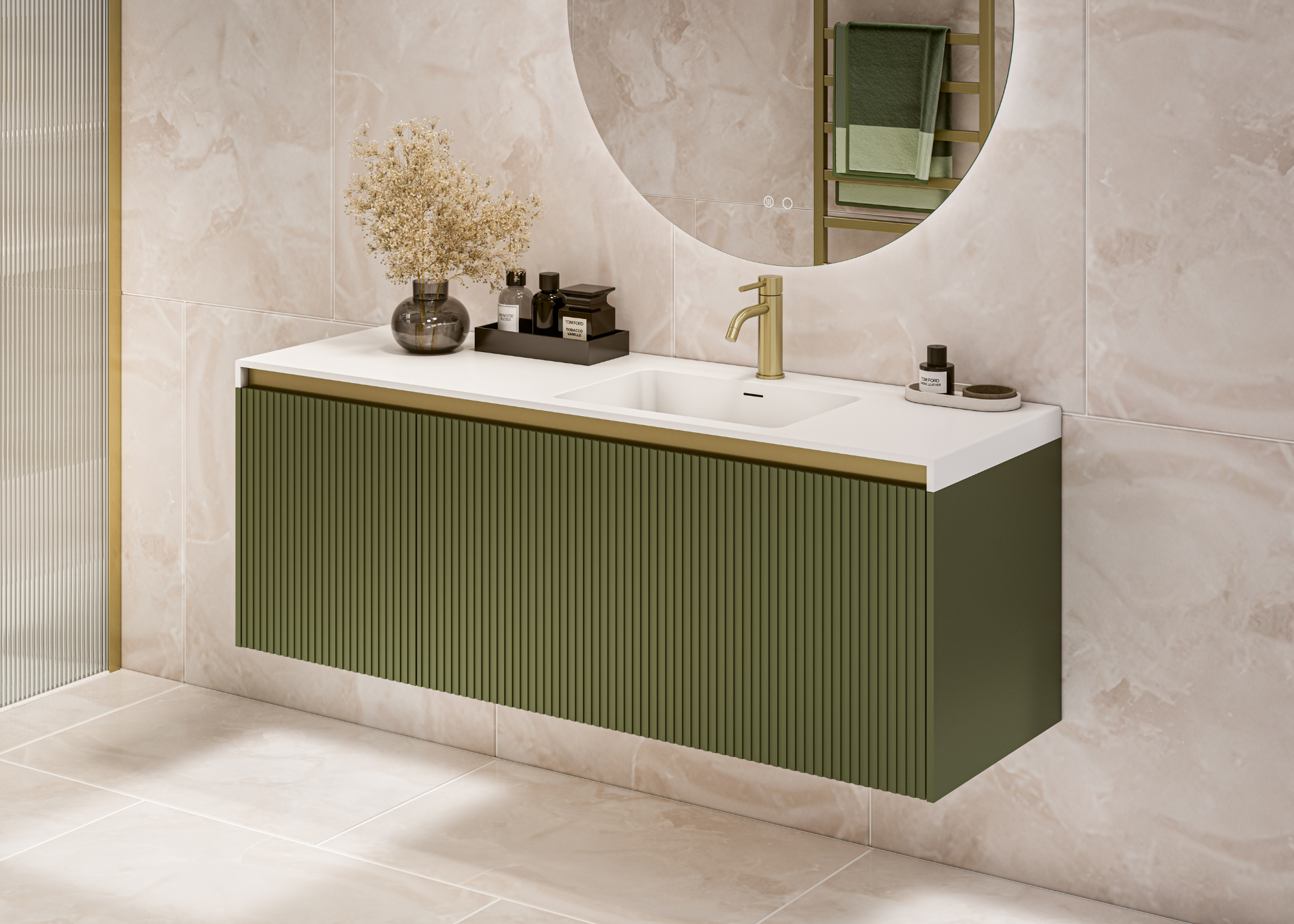 modern bathroom with a white countertop and a green cabinet