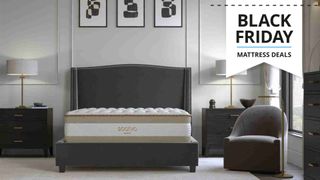 The Saatva RX mattress on a black bed frame in a minimalist bedroom