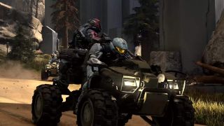 A Spartan soldier riding a Mongoose quad vehicle from the Halo video games.