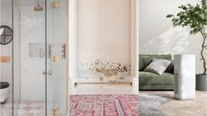 Three images for a header including a bathroom, mold on a wall, and a dehumidifier