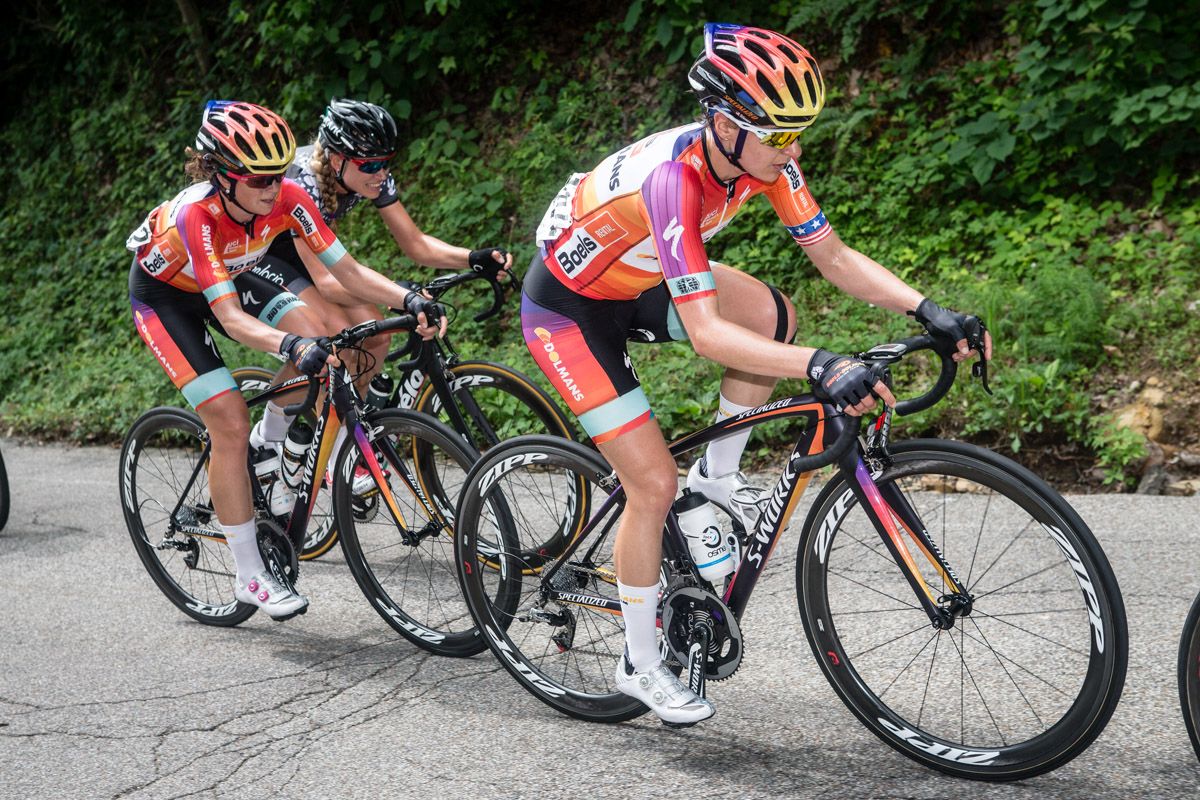 Megan Guarnier (Boels-Dolmans) leads teammate Evelyn Stevens on the climb.