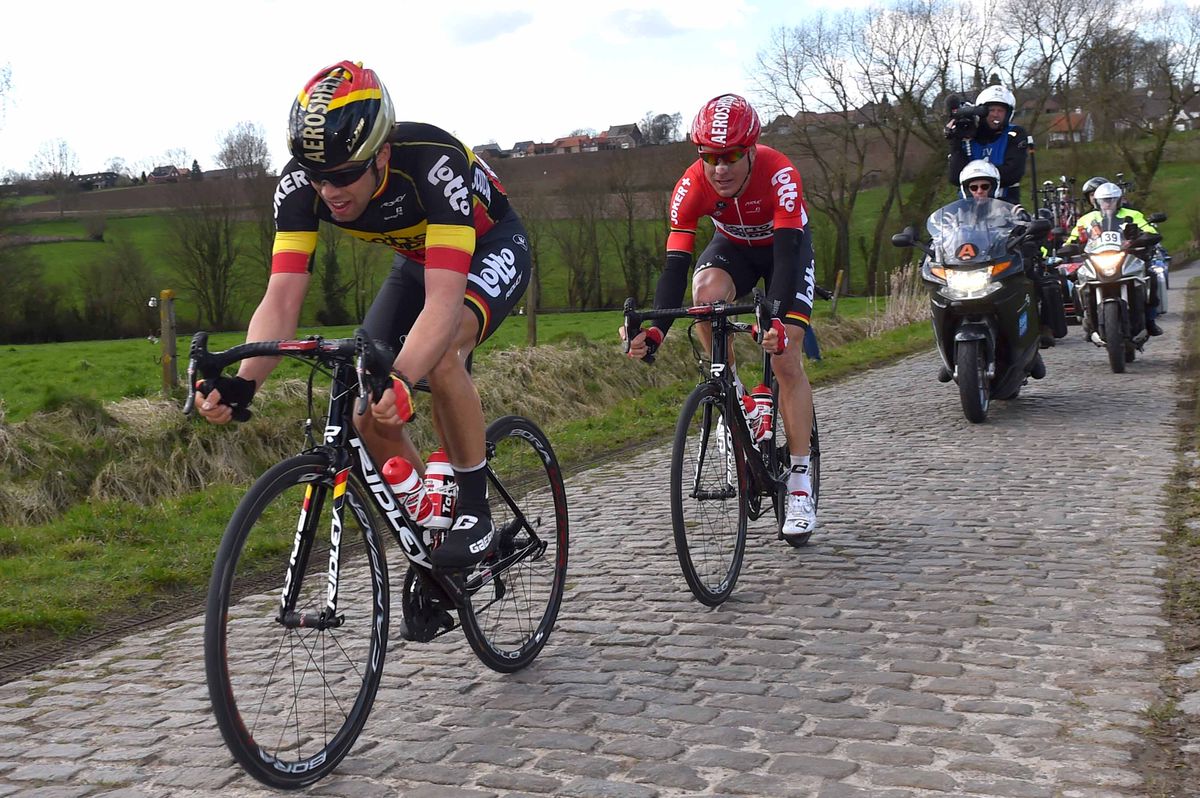 Jens Debusschere (Lotto Soudal) went clear with teammate Lars Bak