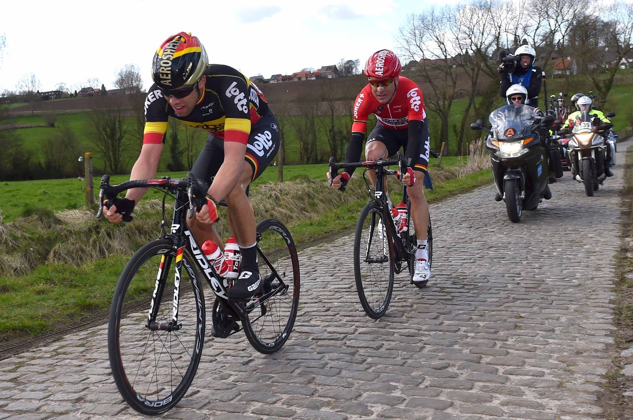 Jens Debusschere (Lotto Soudal) went clear with teammate Lars Bak