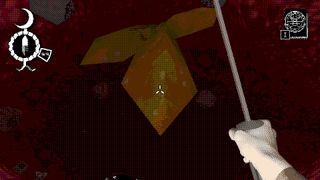 A crystal dangles from the ceiling, seen from the point of view of someone holding a rapier