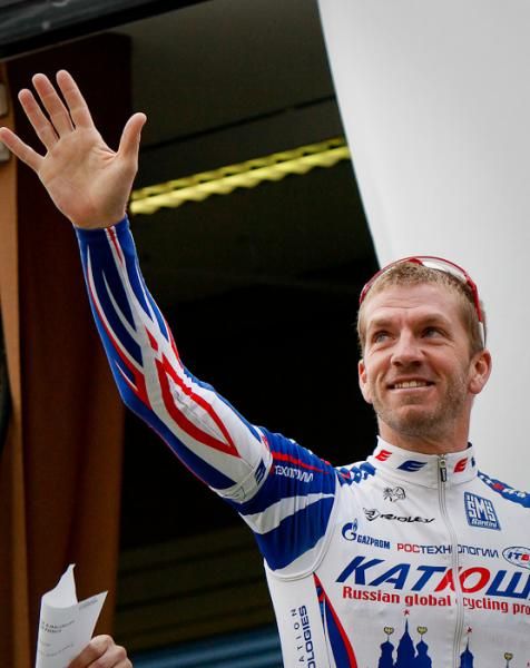 Joan Horrach (Katusha) saluting his local fans from the podium.